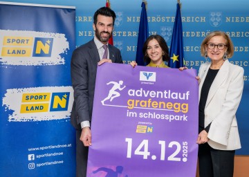 LH-Stellvertreter Udo Landbauer, NÖ Adventlauf Projektleiterin Christina Leithner und Landeshauptfrau Johanna Mikl-Leitner (v.l.n.r.) freuen sich auf den NÖ Adventlauf Grafenegg am 14. Dezember.