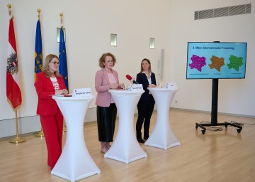 Die Landesrätinnen Ulrike Königsberger-Ludwig (links) und Christiane Teschl-Hofmeister (Bildmitte) sowie Elisabeth Cinatl vom Netzwerk der österreichischen Frauen- und Mädchenberatungsstellen sprachen zum Internationalen Frauentag. 